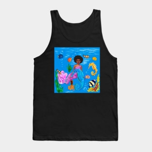 Mermaid and fish - Coco the Magical rainbow mermaid with brown eyes,  Afro hair in and caramel brown skin Tank Top